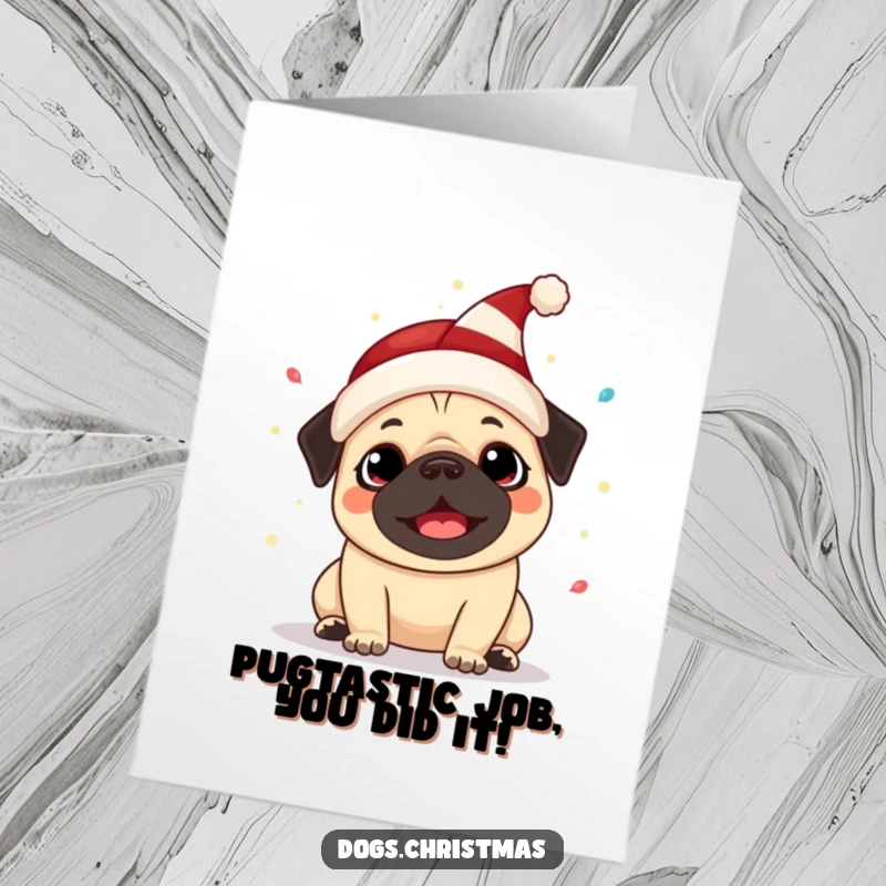 Funny Free Printable Pug Elf Hat Congrats Card: Adorable pug in elf hat, festive lights, perfect for joyous messages.