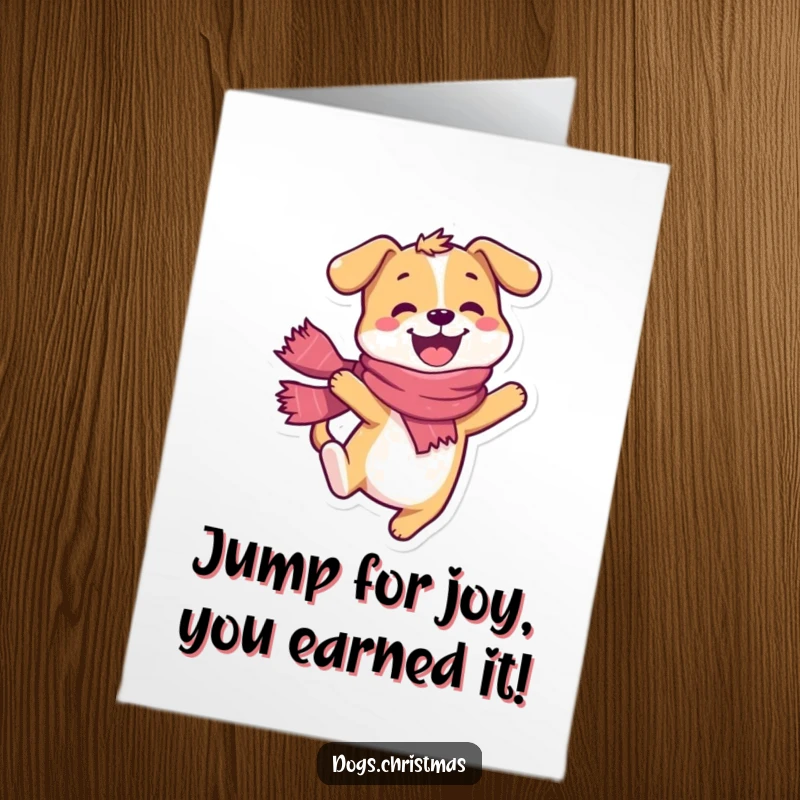 Funny Free Printable Congratulations Card: Happy dog, wearing a scarf, doing a joyful leap, high energy and celebratory.