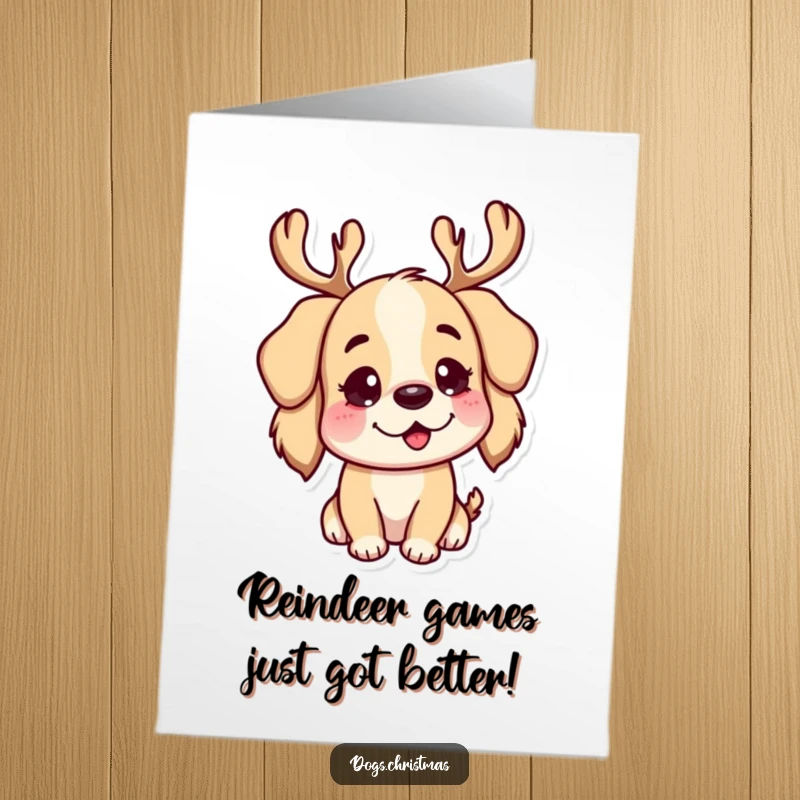 Funny free printable congratulations card: A happy dog sports reindeer antlers, looking playful and ready to celebrate your big news.