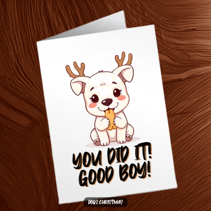 Funny free printable congratulations card: Kawaii dog in reindeer antlers, begging adorably for a treat, instant downloadable.