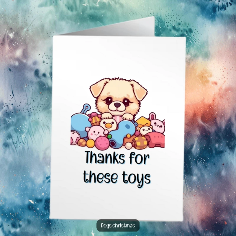 Funny Free Printable Thank You Card: Small fluffy kawaii dog peeking from toys, a cute and humorous way to express thanks.