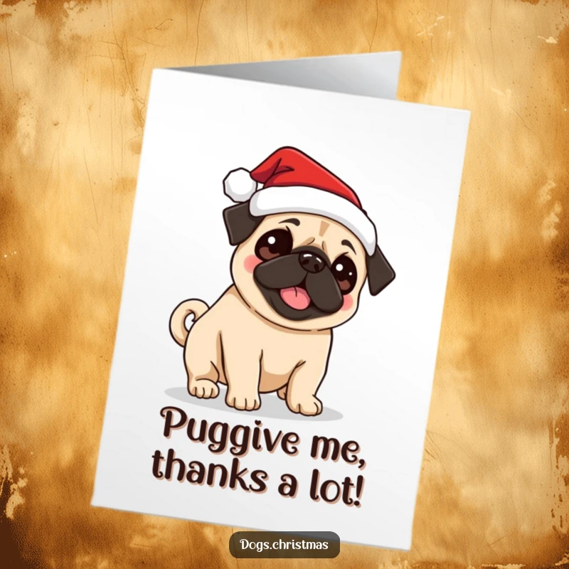 Funny Free Printable thank you card featuring a pug in a Santa hat wagging its tail, a cute and thankful greeting.