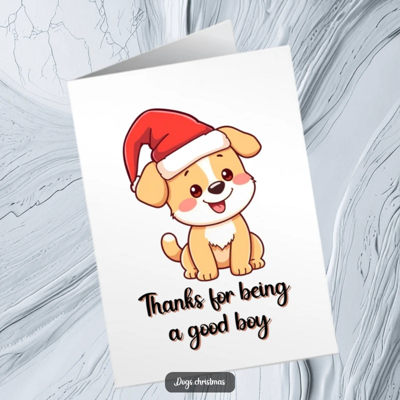 Funny Free Printable Thank You Card: Kawaii Christmas dog in Santa hat, wagging tail, expressing gratitude with holiday cheer.