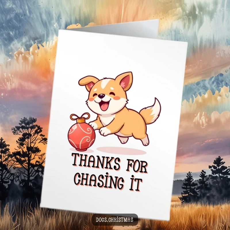 Funny Free Printable Thank You Card: Kawaii dog excitedly chases ornament, a fun and humorous way to express thanks.