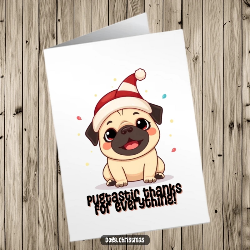 Funny Free Printable Pug Elf Hat Thank You Card: Cute pug in elf hat, festive lights, conveying thanks with humor.