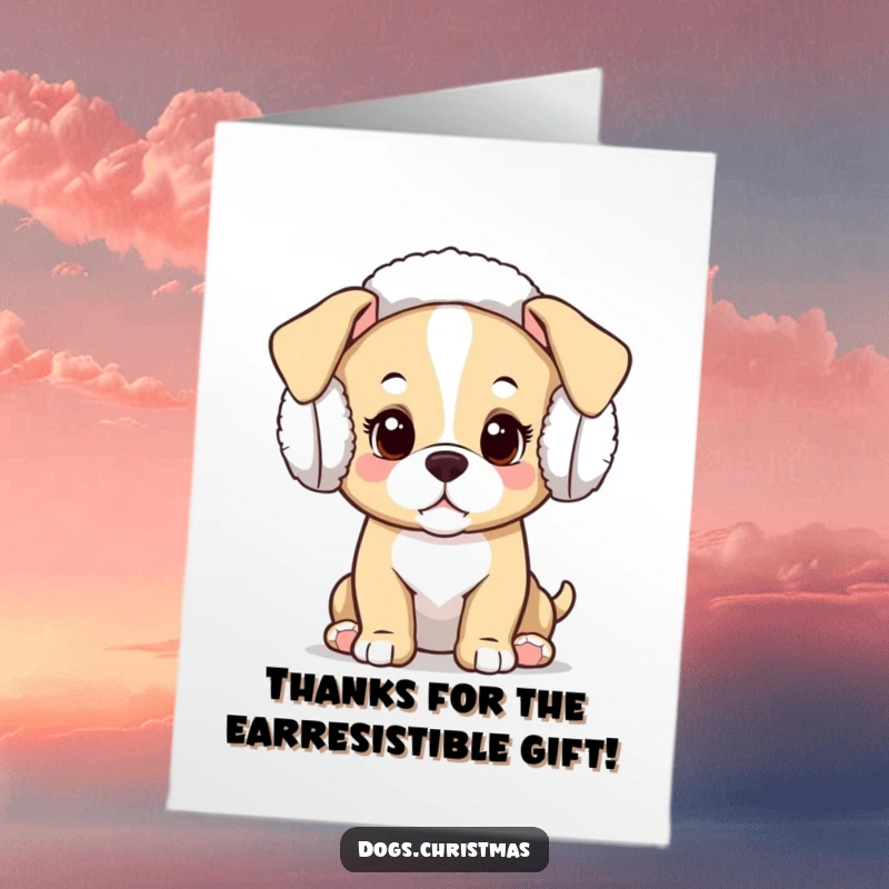 Funny Free Printable Thank You Card: Curious kawaii puppy with festive earmuffs giving a sweet, thankful look.