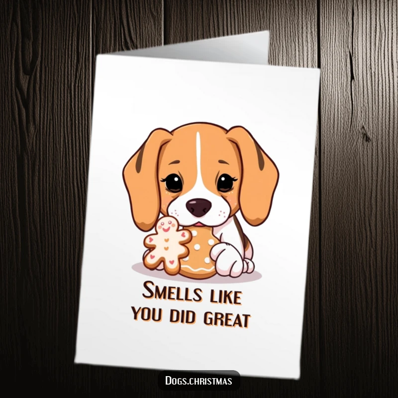 Funny free printable thank you card featuring a beagle engrossed in sniffing a gingerbread cookie.
