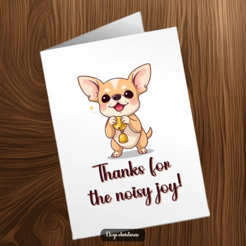 Funny free printable thank you card of a chihuahua shaking a jingle bell toy, expressing energetic gratitude.