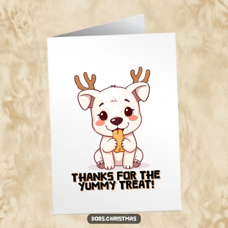 Funny free printable thank you card: Kawaii dog with antlers, pleading for a treat, perfect for showing appreciation.