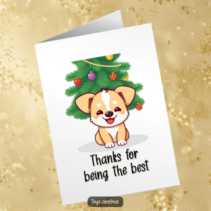 Funny Free Printable Thank You Card: a dog grins from under a Christmas tree, offering thanks.