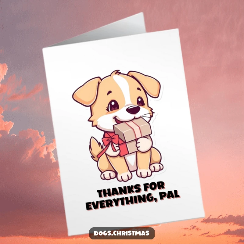 Funny Free Printable Thank You Card: a joyous dog with a present in its mouth expresses thanks.