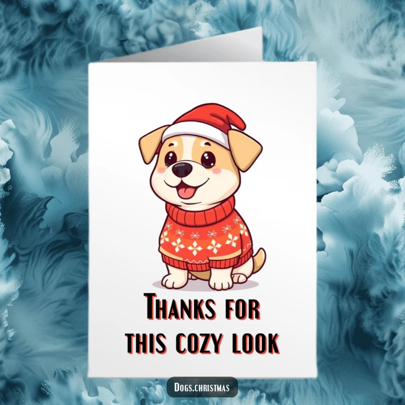 Funny Free Printable Thank You Card: a proud dog wears a silly Christmas sweater, giving thanks.