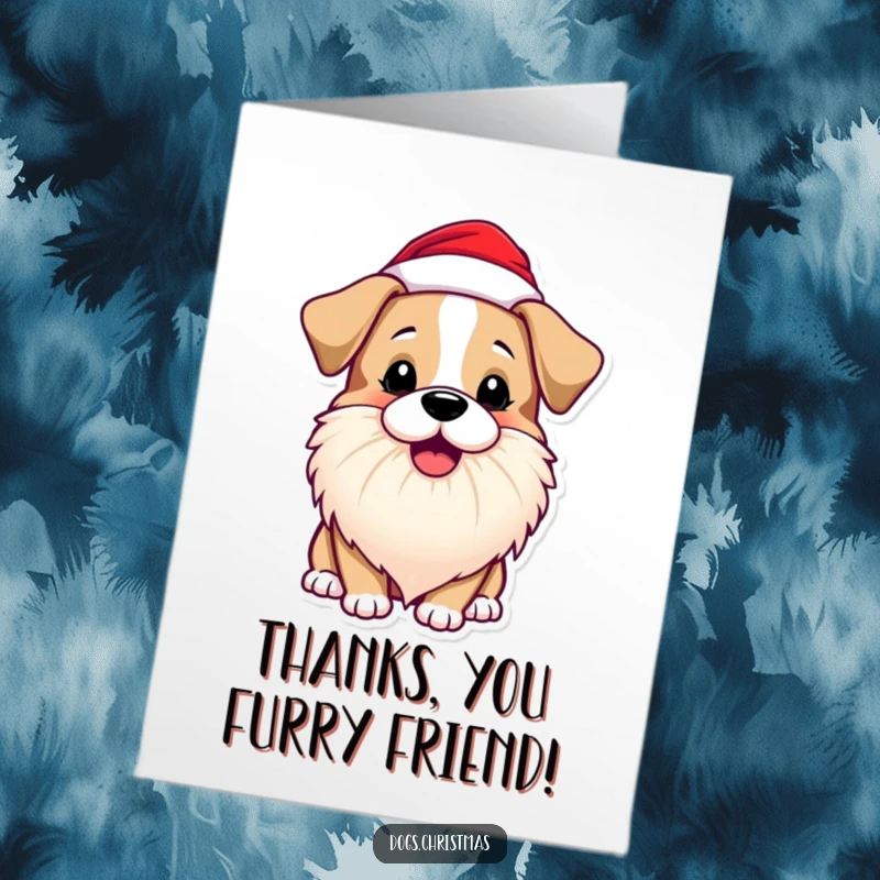 Funny Free Printable Thank You Card: Dog wearing a Santa beard, barking happily to express thanks.