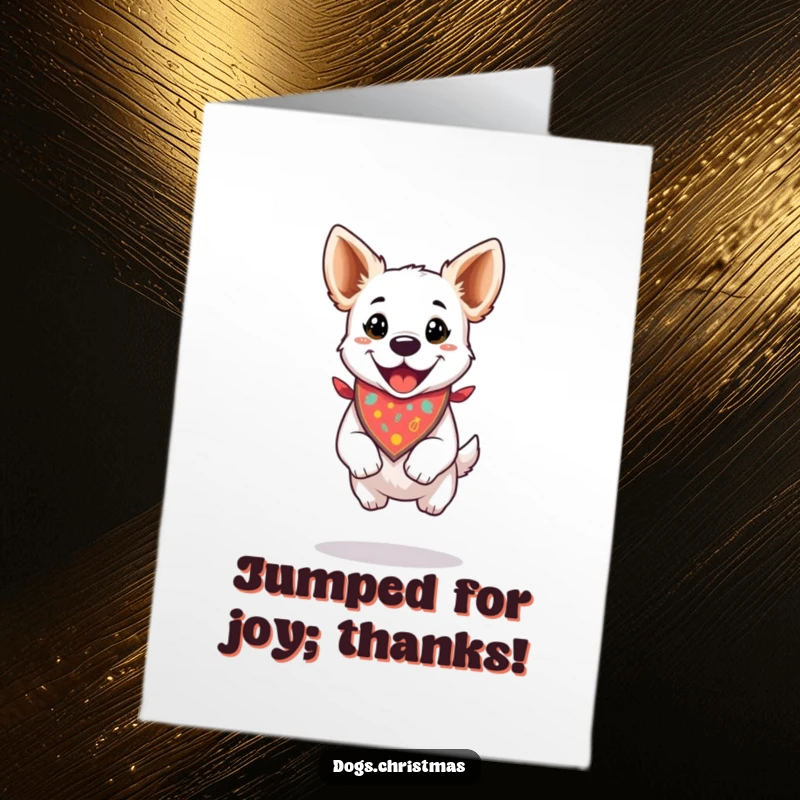 Funny Free Printable Thank You Card: A dog in a festive bandana executes a happy jump to say thanks.