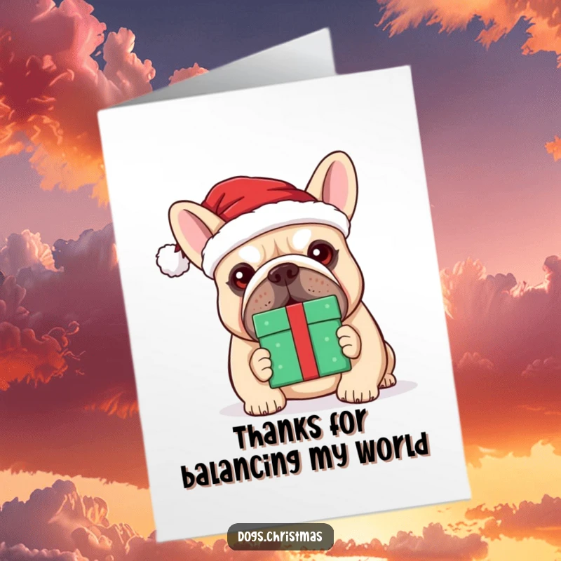 Funny Free Printable Thank You Card: A kawaii bulldog in a Santa hat is trying to balance a gift on its nose.