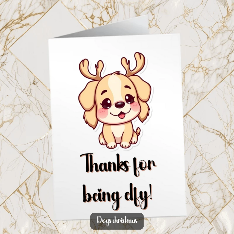 Funny free printable thank you card: A playful dog adorned with reindeer antlers, ready to deliver thanks with a wagging tail.