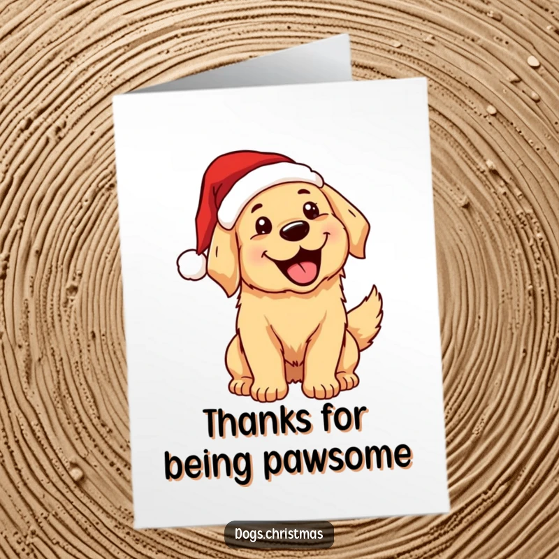 Funny Free Printable Thank You Card: Kawaii golden retriever with Santa hat wags tail excitedly, expressing thanks with joy.