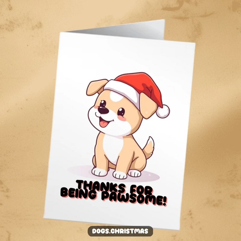 Funny Free Printable Thank You Card: Dog wearing Santa hat, wagging tail, excited, sending thanks with snow.