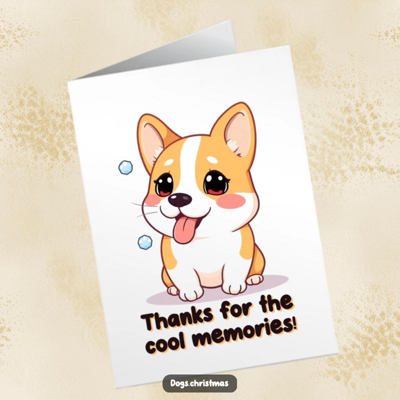 Funny Free Printable Thank You Card: A corgi comically tries to catch a falling snowflake on its tongue, showing playful winter gratitude.