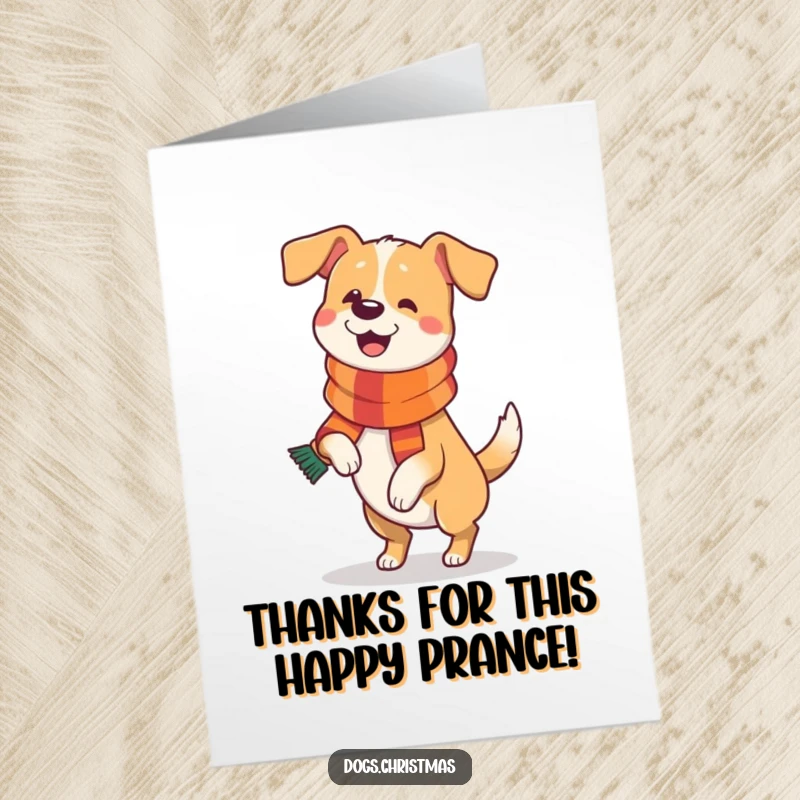 Funny Free Printable Thank You Card: A dog in a festive scarf prances happily, showing gratitude. Lively and humorous.