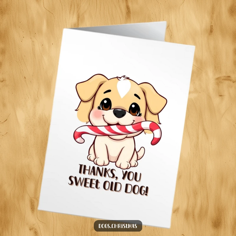 Funny Free Printable Thank You Card: A dog smiles holding a candy cane, expressing sweet gratitude. Adorable and humorous.