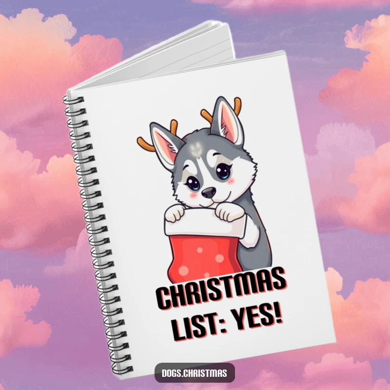 Funny notebook cover with a husky dog in reindeer antlers, curiously looking at a stocking, for jotting down holiday thoughts.