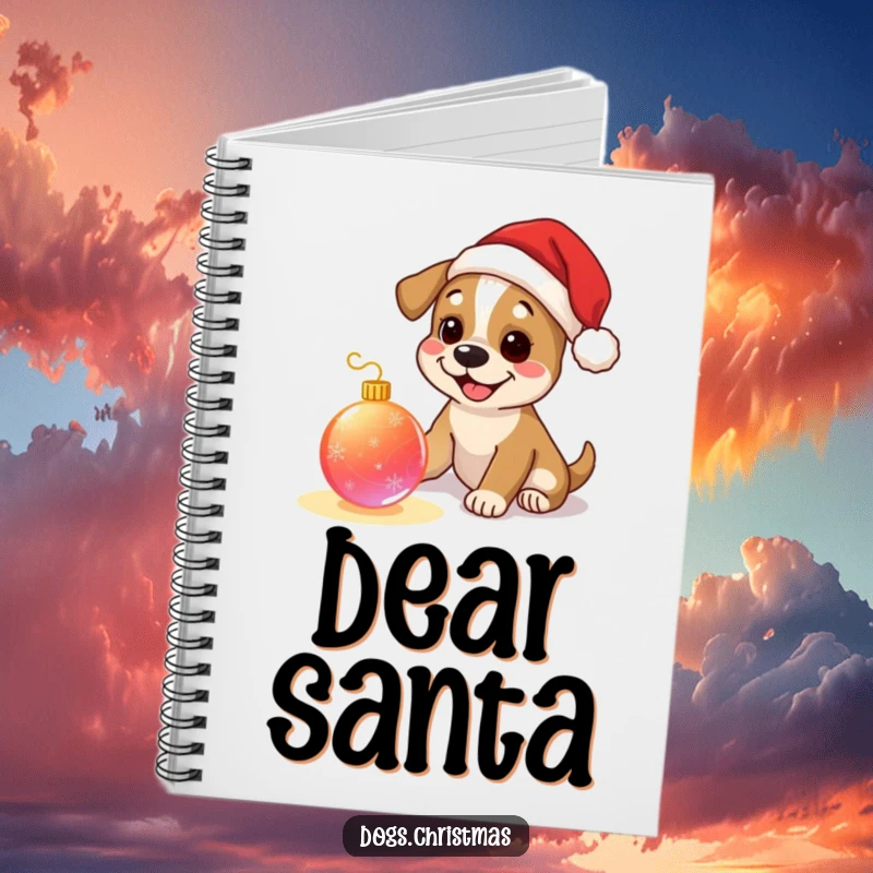 Funny dog notebook, happy pup wearing tiny Santa hat, playing with a glowing Christmas ornament, perfect for holiday journaling.