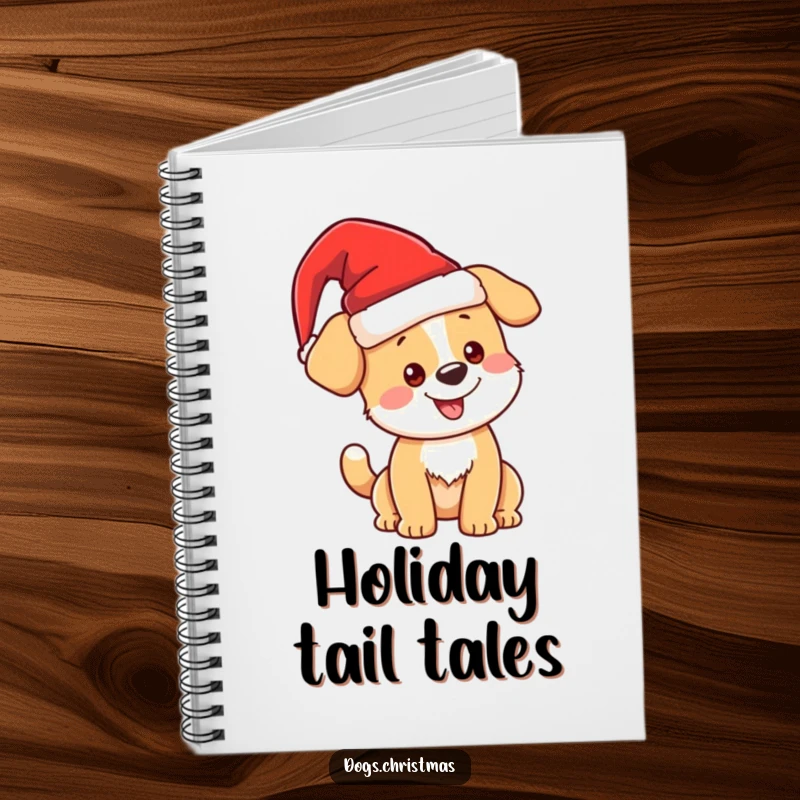 Funny kawaii Christmas dog on a notebook cover, festive journal design, cute pup stationery, ideal funny gift.