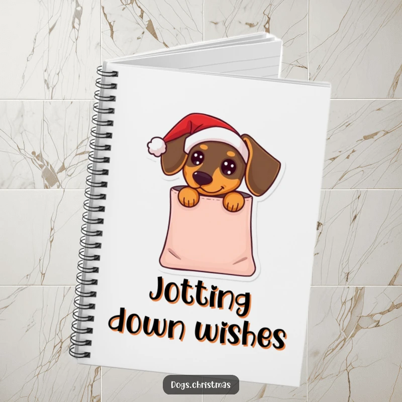 Funny Dachshund Notebook: A dachshund in a Santa hat peeks from a gift bag, ideal for jotting down holiday notes humorously.