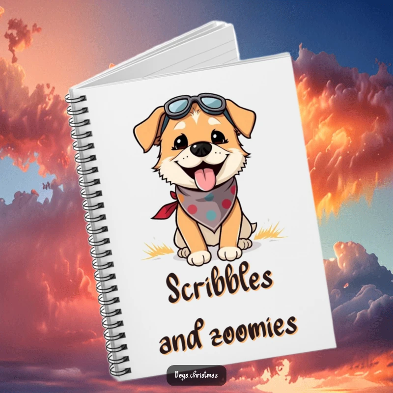 Funny notebook with a dog in a bandana, panting with outdoor joy, perfect for writing, journaling, and creative expression.