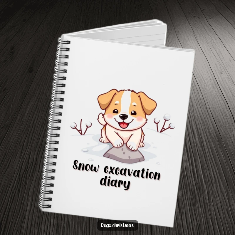 Funny notebook featuring a joyful dog digging in the snow, perfect for jotting down funny thoughts.