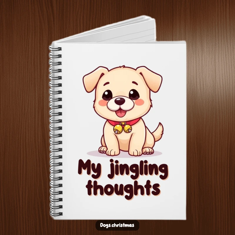 Funny notebook featuring a cute dog with little jingle bells, ideal for jotting down playful ideas.