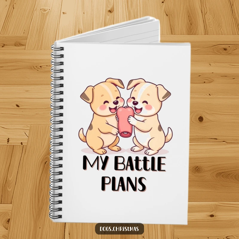 Funny Dog Notebook with two adorable kawaii dogs playfully wrestling over a chew toy, ideal for notes and doggy doodles.