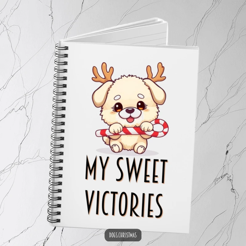 Funny dog notebook, fluffy character, festive antlers, tug-of-war with candy cane, cute journal.