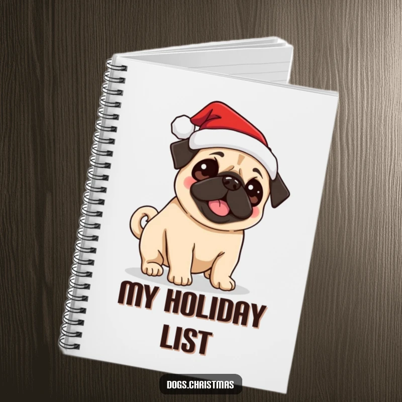 Funny Pug Santa Notebook featuring a cute pug wearing a Santa hat, excitedly wagging its tail, perfect for holiday journaling.