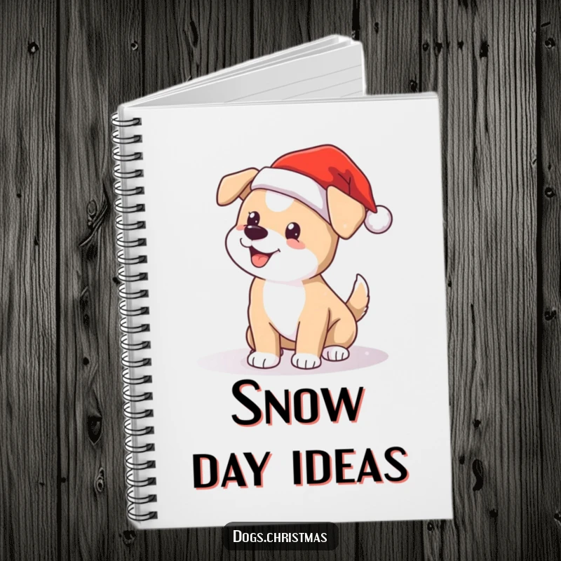 Funny Santa dog notebook, cute pup wagging tail in snow, festive journal for school or work.