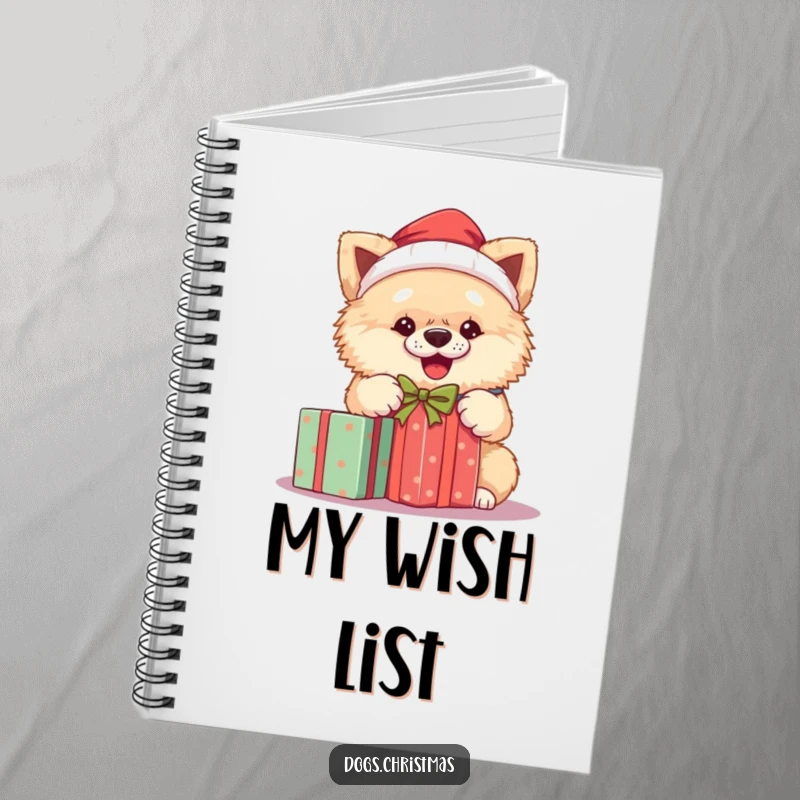 Funny Santa dog notebook featuring a fluffy dog in a Santa hat, unwrapping a gift, perfect for holiday notes.