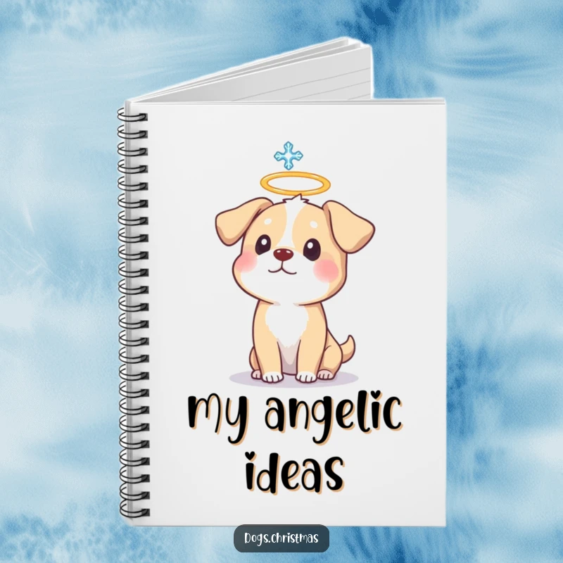 Funny Dog Halo Notebook featuring a surprised dog with a halo and snowflake, perfect for journaling.