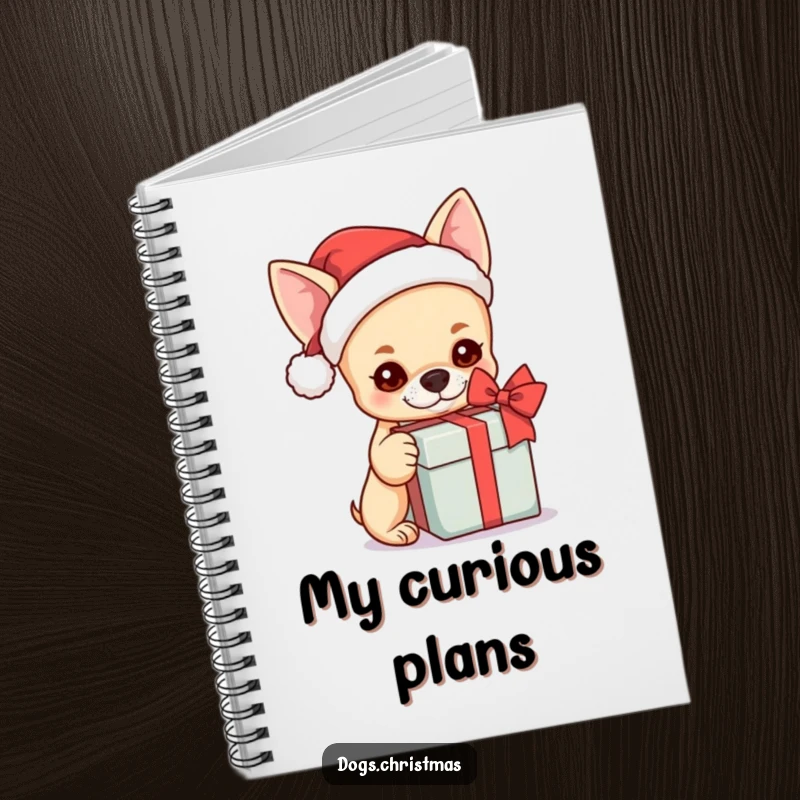 Funny kawaii chihuahua with a Santa hat curiously shaking a gift box, a cute notebook for notes.