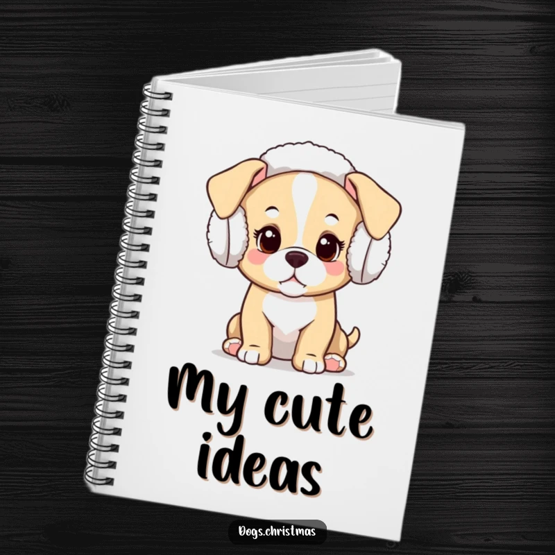 Funny Kawaii Puppy Notebook: A lined journal featuring a curious kawaii puppy wearing festive earmuffs, perfect for notes.