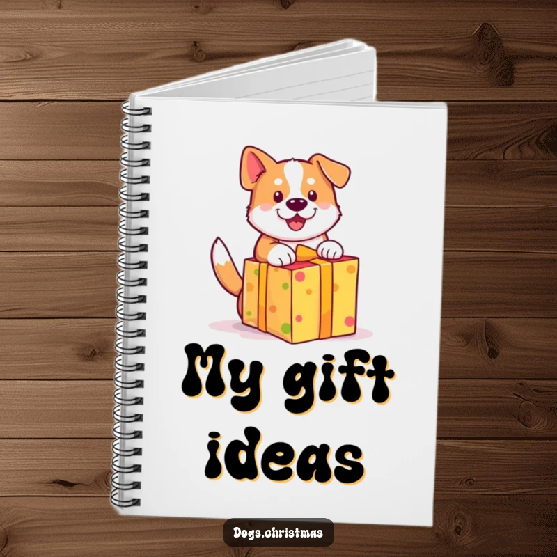 Funny dog notebook, cute wagging tail, unwrapping a brightly colored gift with excitement, useful journal.