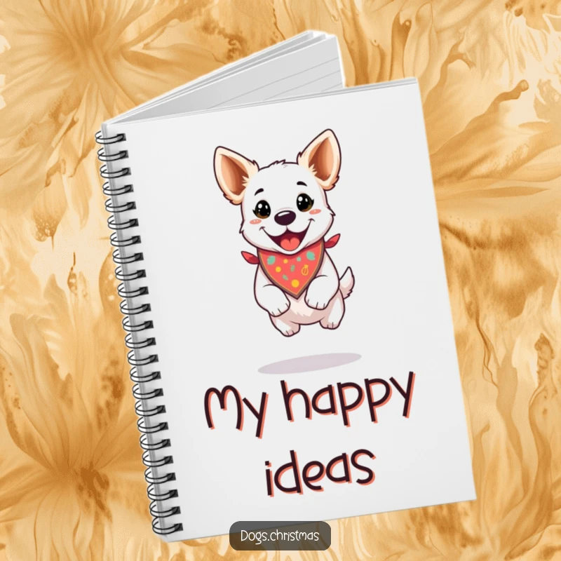 Funny notebook with a dog in a festive bandana, doing a happy jump, perfect for jotting notes.