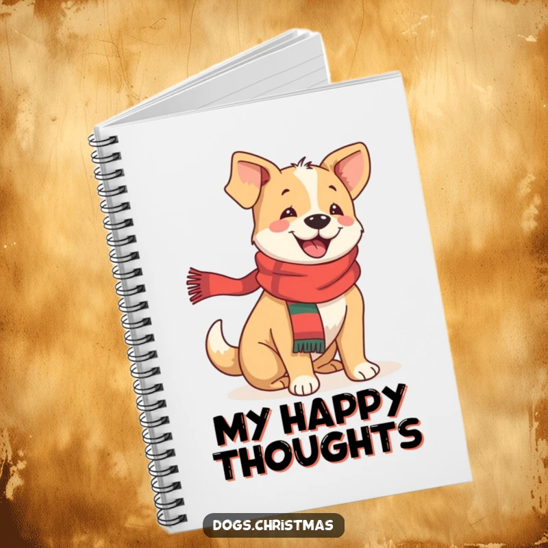 Funny festive dog notebook featuring a happy dog in a scarf, tail wagging with joy, perfect for happy notes.