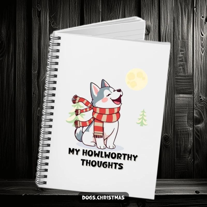 Funny kawaii husky wearing a festive scarf, howling merrily at the moon, a cute notebook for notes.