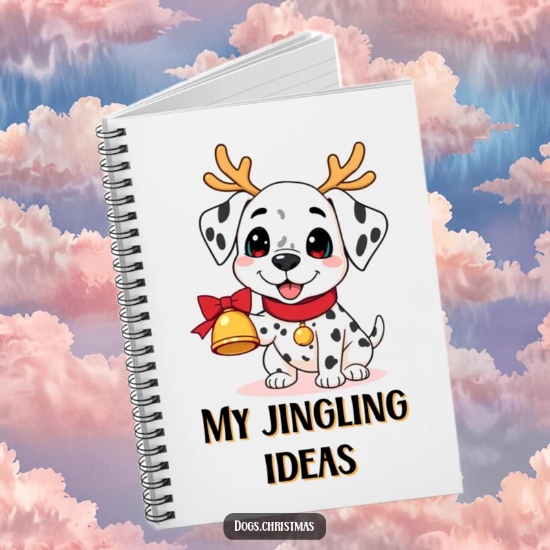 Funny Kawaii Dalmatian Notebook: A dalmatian with reindeer antlers holds a jingling bell, a humorous and adorable stationery item.