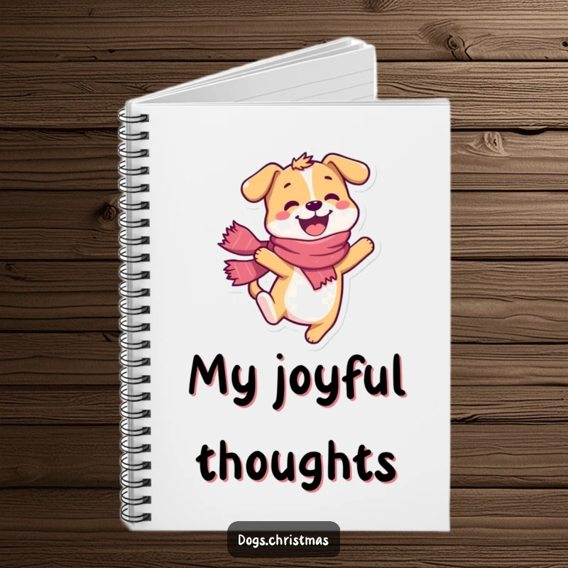 Funny dog notebook, happy character wearing a scarf, doing a joyful leap, useful journal.