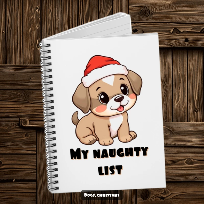 Funny notebook with a cute puppy wearing a Santa hat, perfect for jotting down holiday plans and cheerful thoughts.
