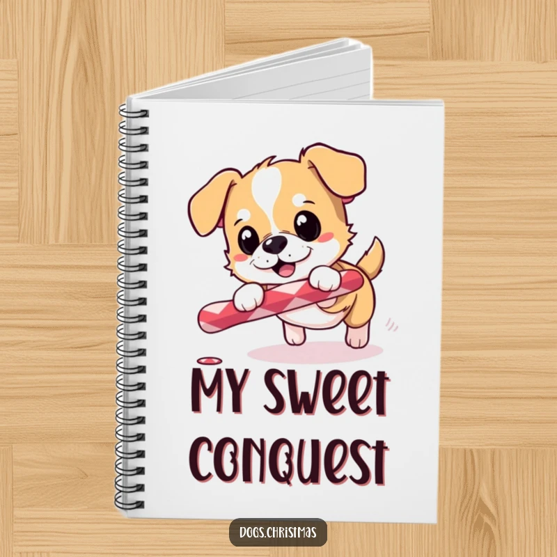 Funny notebook with a small dog excitedly chasing a candy cane, perfect for jotting down holiday plans.