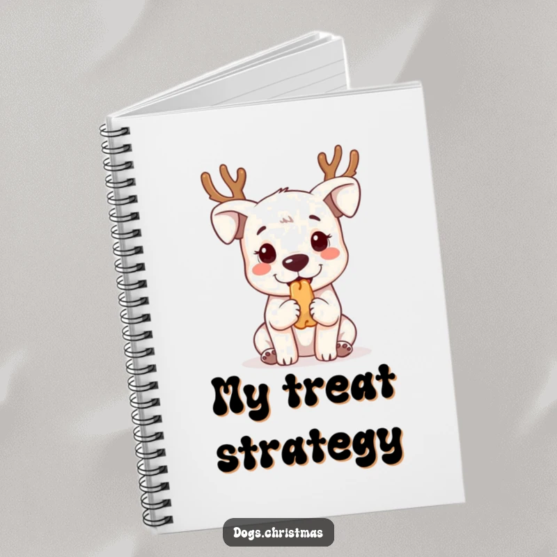 Funny kawaii dog wearing reindeer antlers, begging, featured on the cover of a cute and functional notebook.