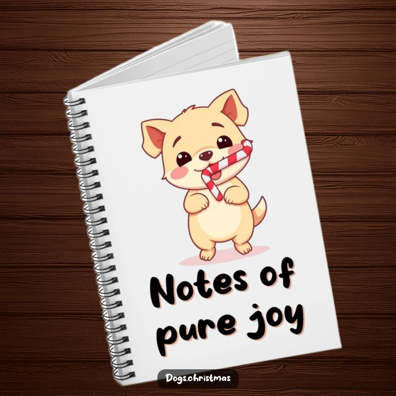 Funny Dog Notebook with a cute kawaii dog doing a happy dance with a candy cane, ideal for holiday notes and wishes.